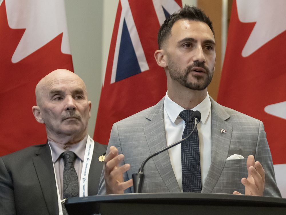 Ontario Minister of Energy and Mines, Stephen Lecce (RIGHT) speaks at the PDAC (Prospectors and Developers Association of Canada) conference at Toronto’s Metro Toronto Convention Centre as MPP Algoma-Manitoulin, Bill Rosenberg (LEFT) looks on March 3, 2026.