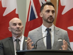 Ontario Minister of Energy and Mines, Stephen Lecce (RIGHT) speaks at the PDAC (Prospectors and Developers Association of Canada) conference at Toronto’s Metro Toronto Convention Centre as MPP Algoma-Manitoulin, Bill Rosenberg (LEFT) looks on March 3, 2026.