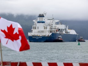 The LNG tanker GasLog Glasgow prepares to depart LNG Canada's shipping terminal in Kitimat ,June 30, 2025 to carrying the historic first ever export cargo of super-cooled liquefied natural gas from B.C. for delivery to Asia.