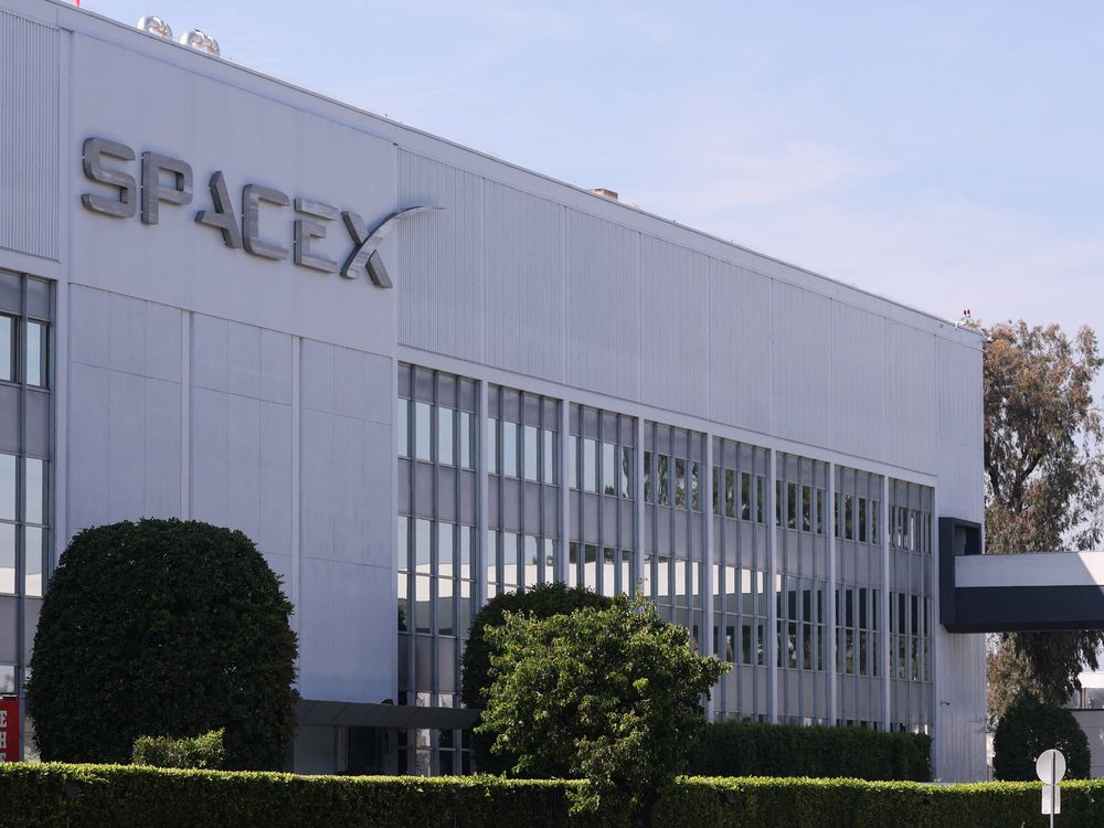 SpaceX signage displayed outside a Space Exploration Technologies Corp. facility in Hawthorne, California on March 26, 2026.