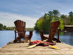 Two Adirondack chairs on a wooden dock facing the blue water of a lake in Muskoka, Ontario Canada.
