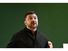 Volodymyr Zelenskiy, Ukraine's president, speaks to the media during the World Economic Forum (WEF) in Davos, Switzerland, on Thursday, Jan. 22, 2026. The annual Davos gathering of political leaders, top executives and celebrities runs from Jan. 19-23.