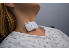 FloPatch, a wearable Doppler ultrasound device, is applied to the neck to measure real-time blood flow and help clinicians make faster, more personalized treatment decisions.