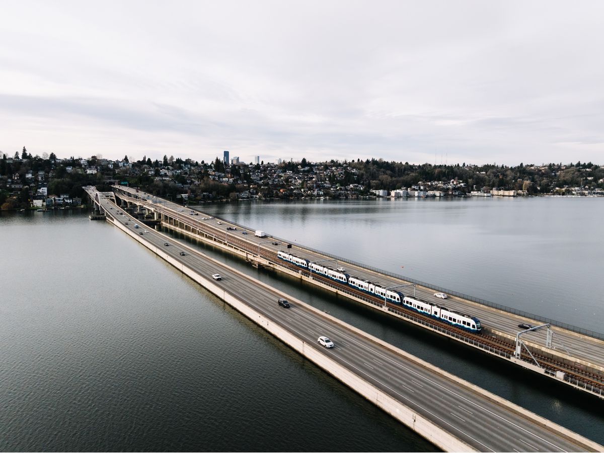 A glimpse of the Sound Transit Crosslake Connection, connecting Bellevue and Seattle in minutes via the first light rail line to glide across open water.
