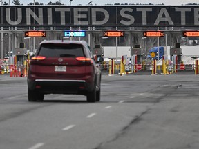 A vehicle traveling into the United States at the Canada-U.S. border in St-Bernard-de-Lacolle, Que.