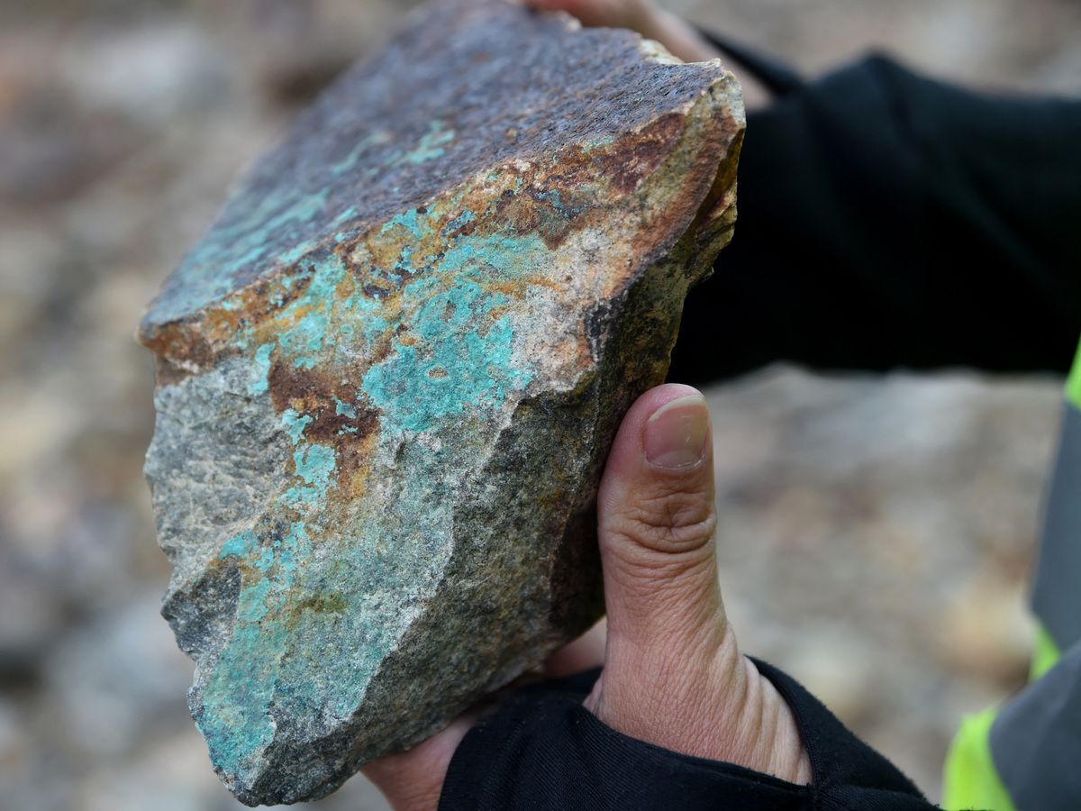 A rock with copper oxidation on top of San Jorge Hill in Uspallata, Argentina.