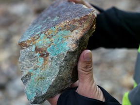 A rock with copper oxidation on top of San Jorge Hill in Uspallata, Argentina.