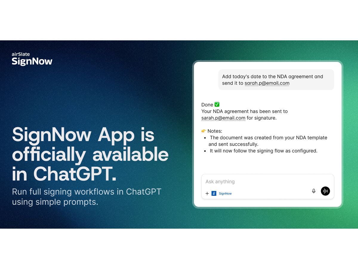 airSlate SignNow is now officially available as a document e-signing solution in ChatGPT
