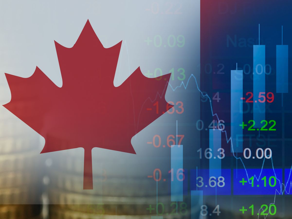 Canada flag Stock market finance business, economy trend graph digital technology.