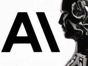 This photograph shows a figurine in front of the logo of the US artificial intelligence safety and research company Anthropic during a photo session in Paris on February 13, 2026.