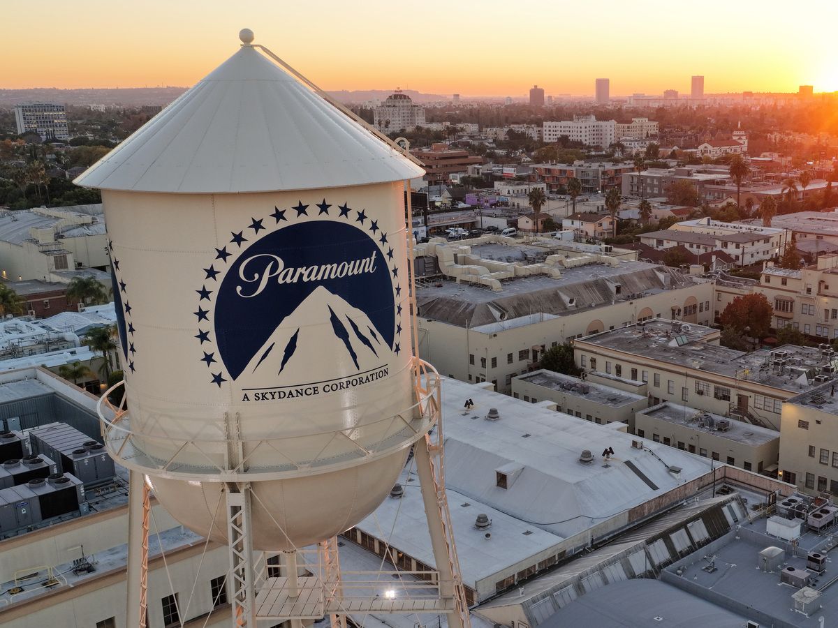 An aerial view of the Paramount logo displayed on the water tower at Paramount Studios on December 8, 2025 in Los Angeles, California.