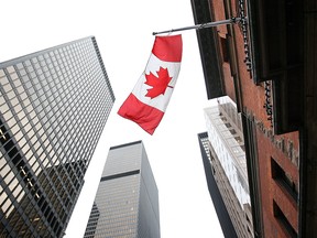 A Canadian flags flies over Toronto's financial district among the towering big bank towers.
