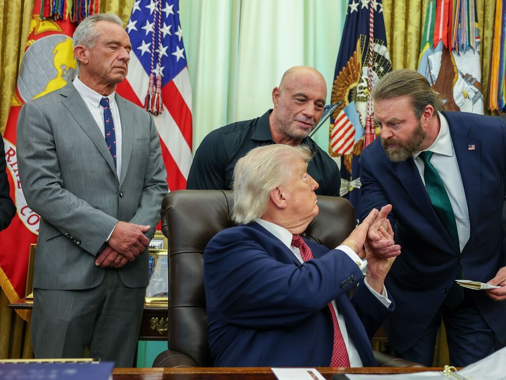 U.S. President Donald Trump greets Bryan Hubbard in the Oval Office after signing an Executive Order April 18, 2026 in Washington, DC.