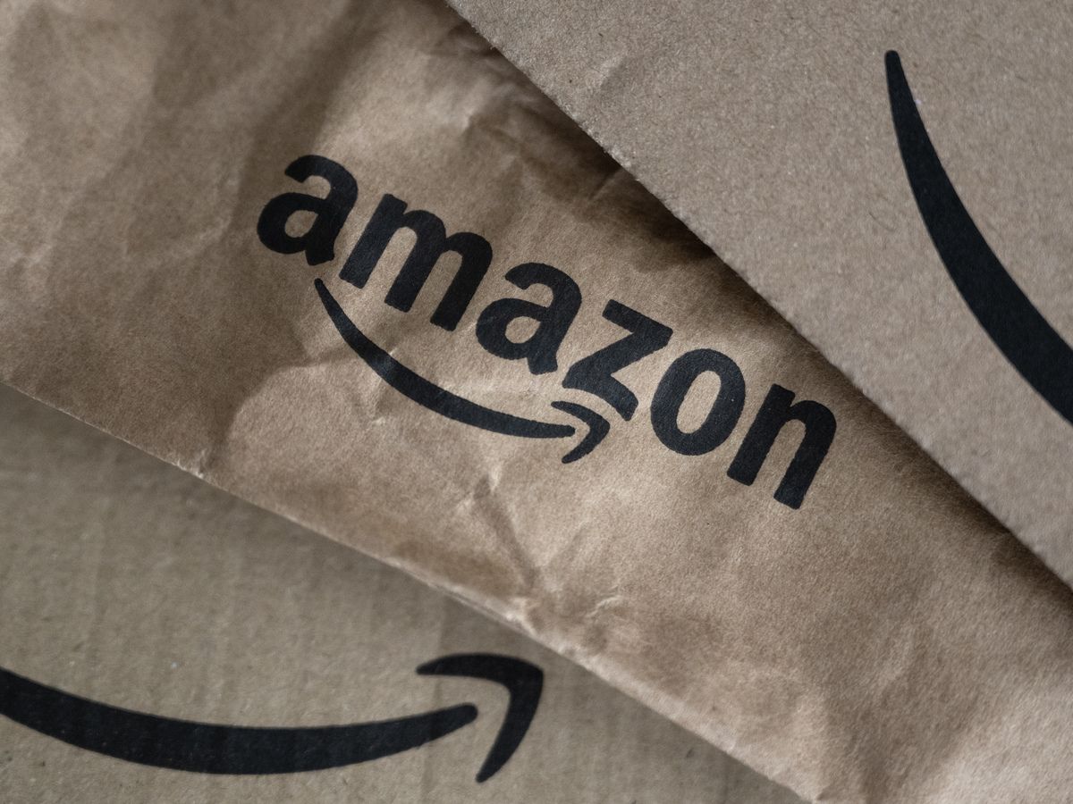 The logo of e-commerce company Amazon is pictured on parcels in Manta, Northwestern Italy, on March 29, 2024