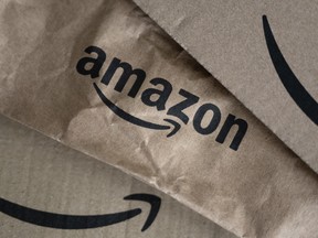 The logo of e-commerce company Amazon is pictured on parcels in Manta, Northwestern Italy, on March 29, 2024