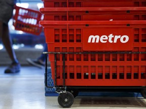 Baskets sit stacked inside a Metro Inc. grocery store in Toronto on Oct. 2, 2017.