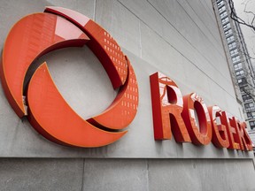 The Rogers symbol at the companies headquarters at 333 Bloor Street in Toronto on April 8, 2024.