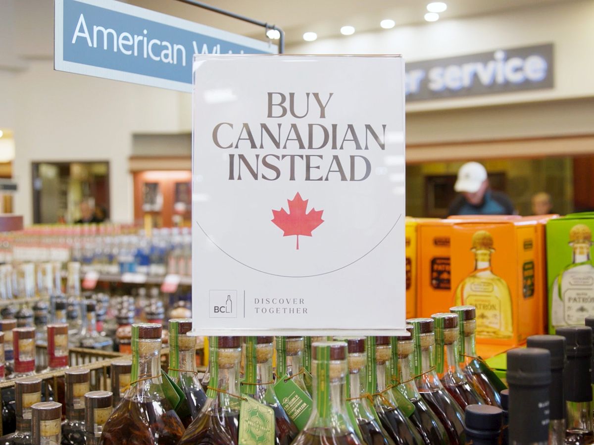 Buy Canadian sign at BC Liquor store from handout video. Premier David Eby announced on March 4, 2025 how the province will respond after U.S. President Donald Trump imposed tariffs on Canadian goods.