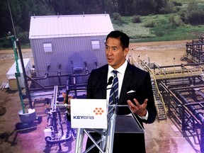Keyera President and CEO, Dean Setoguchi, speaks during a ceremony to celebrate the completion of the 575km KAPS Pipeline at Keyera’s Fort Saskatchewan Condensate System (FSCS) site, Wednesday Oct. 4, 2023.