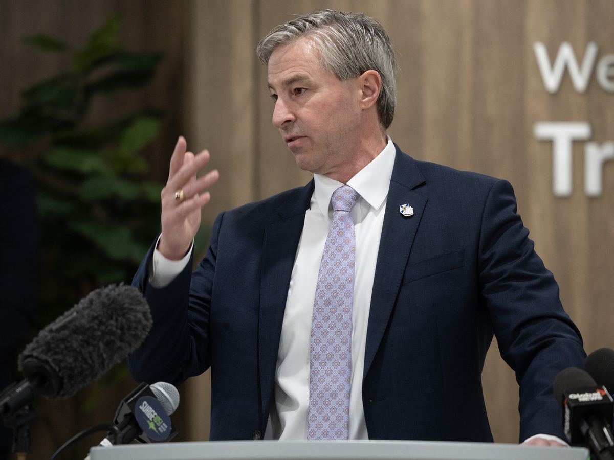 Premier Tim Houston answers questions at the West Bedford Transitional Health Centre after a tour of a new wing at the facility on April 1, 2026.
