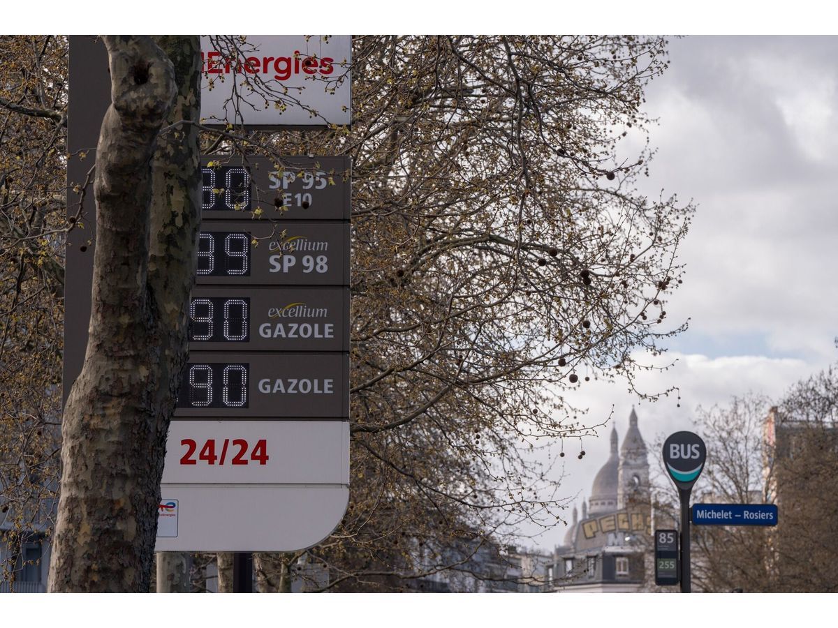 Fuel price signs at a Total gas station in Paris, France, on Thursday, March 12, 2026. TotalEnergies raised its diesel price cap by 10 euro cents ($0.12) at French service stations as the Middle East conflict squeezes supplies and drives oil prices higher.