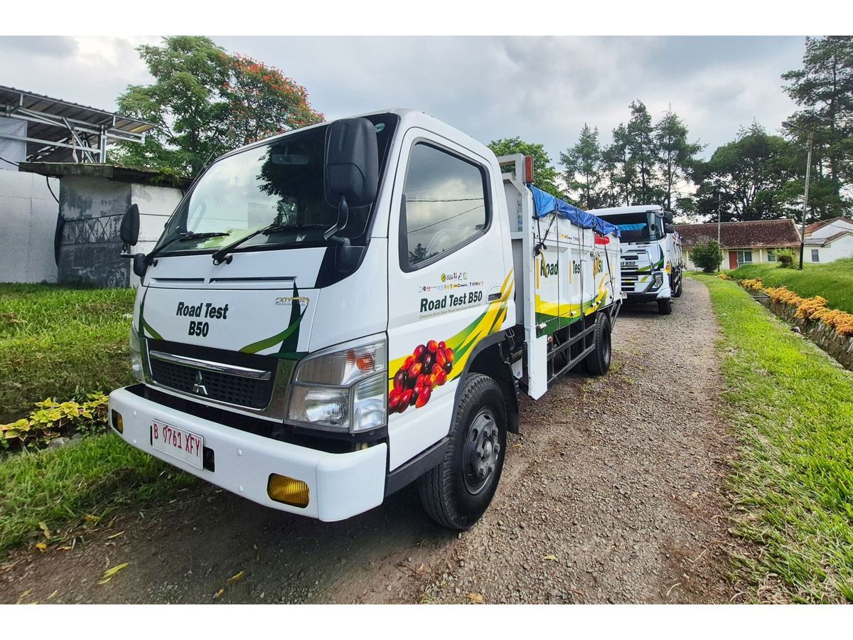 Trucks used in a road test of Indonesia's B50 biodiesel program in April.