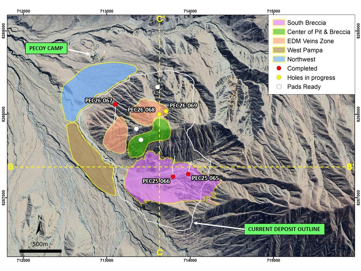 Plan view of the Pecoy Project showing the current deposit outline, principal mineralized zones, and current Phase 1 drill hole locations