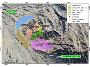 Plan view of the Pecoy Project showing the current deposit outline, principal mineralized zones, and current Phase 1 drill hole locations