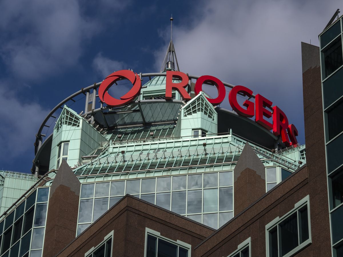 Rogers Communications Inc. signage at Bloor Street East and Ted Rogers Way in Toronto, Ont.