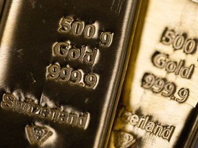 Five hundred gram gold bars arranged at Gold Investments Ltd. bullion dealers in London, UK, on Tuesday, May 21, 2024.