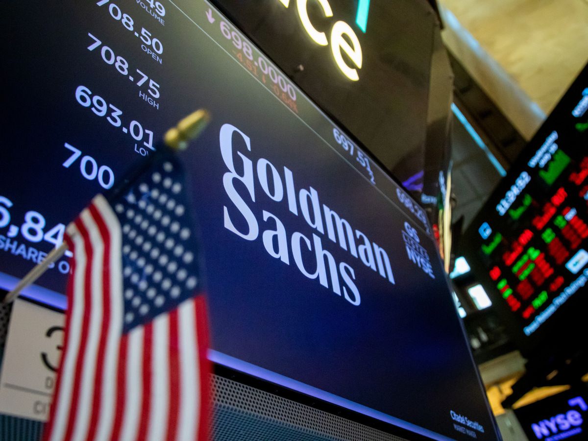 Goldman Sachs Group Inc. signage on the floor of the New York Stock Exchange (NYSE) in New York, US, on Wednesday, July 16, 2025.