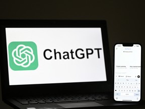An illustration photograph taken on February 20, 2025 shows ChatGPT app and website are displayed on a phone and laptop screens, in a residential property in Guildford, south of London. The American company OpenAI announced on September 2, 2025,