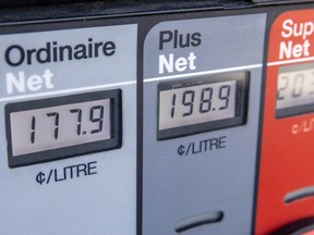 The price of regular gasoline selling at $1.77.9/litre at the Petro Canada gas station in the Lachine borough of Montreal on April 20, 2026.