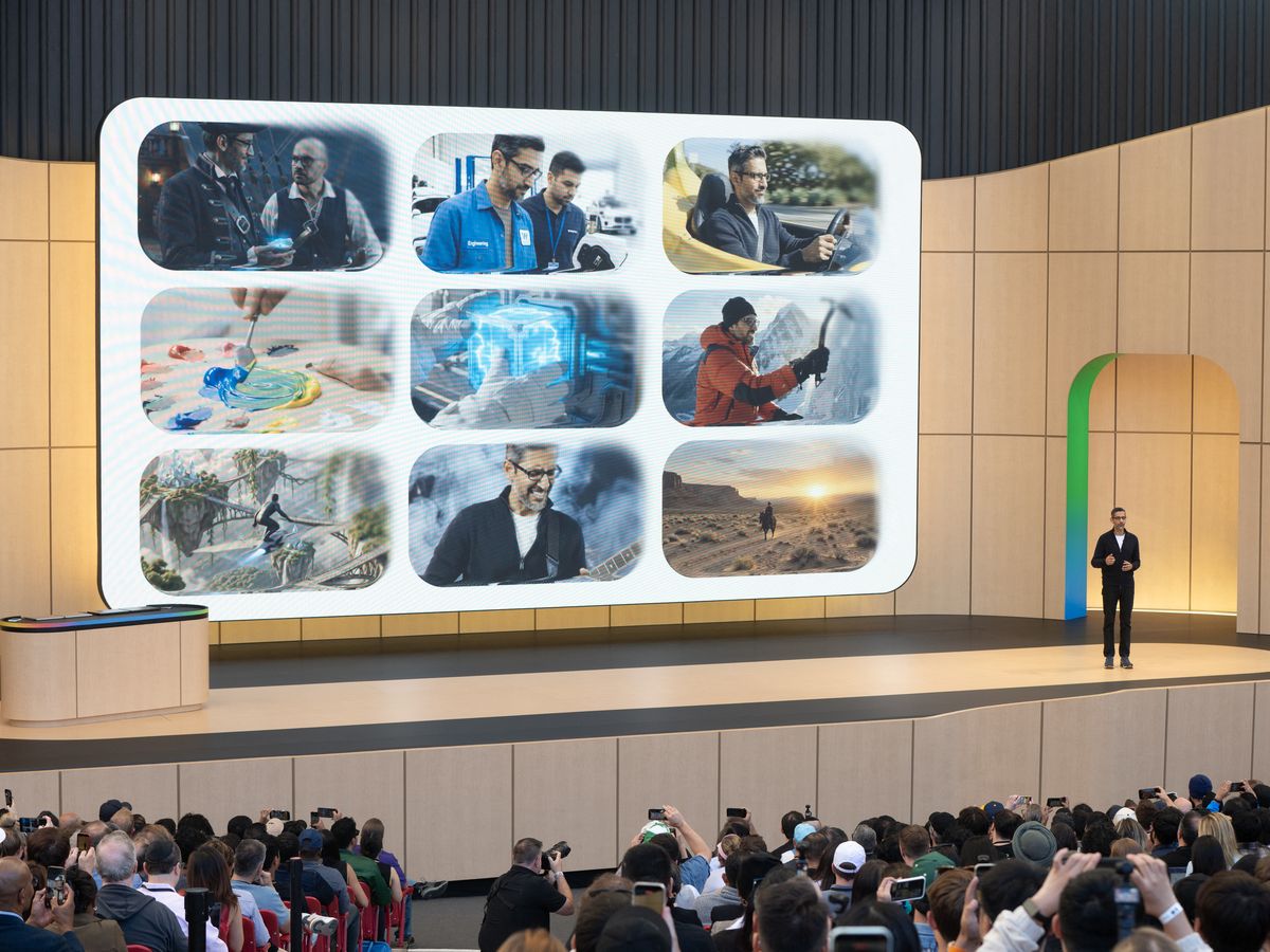 Google CEO Sundar Pichai speaks during the 2026 Google I/O technology developer conference in Mountain View, California, on May 19, 2026