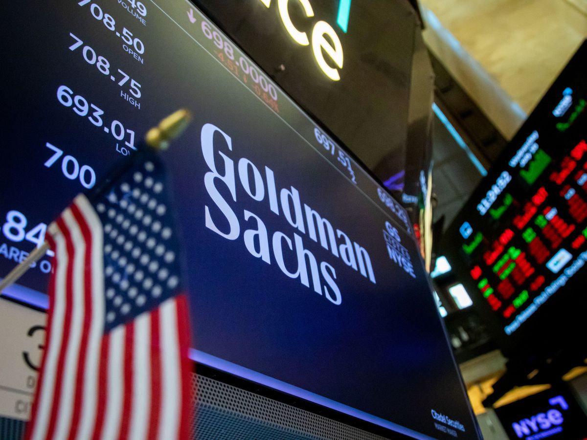 Goldman Sachs Group Inc. signage on the floor of the New York Stock Exchange (NYSE) in New York, U.S., on July 16, 2025.