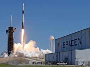 A SpaceX Falcon 9 rocket lifts off from launch complex 39A carrying the Crew Dragon spacecraft on a commercial mission managed by Axion Space at Kennedy Space Center April 8, 2022 in Cape Canaveral, Florida.