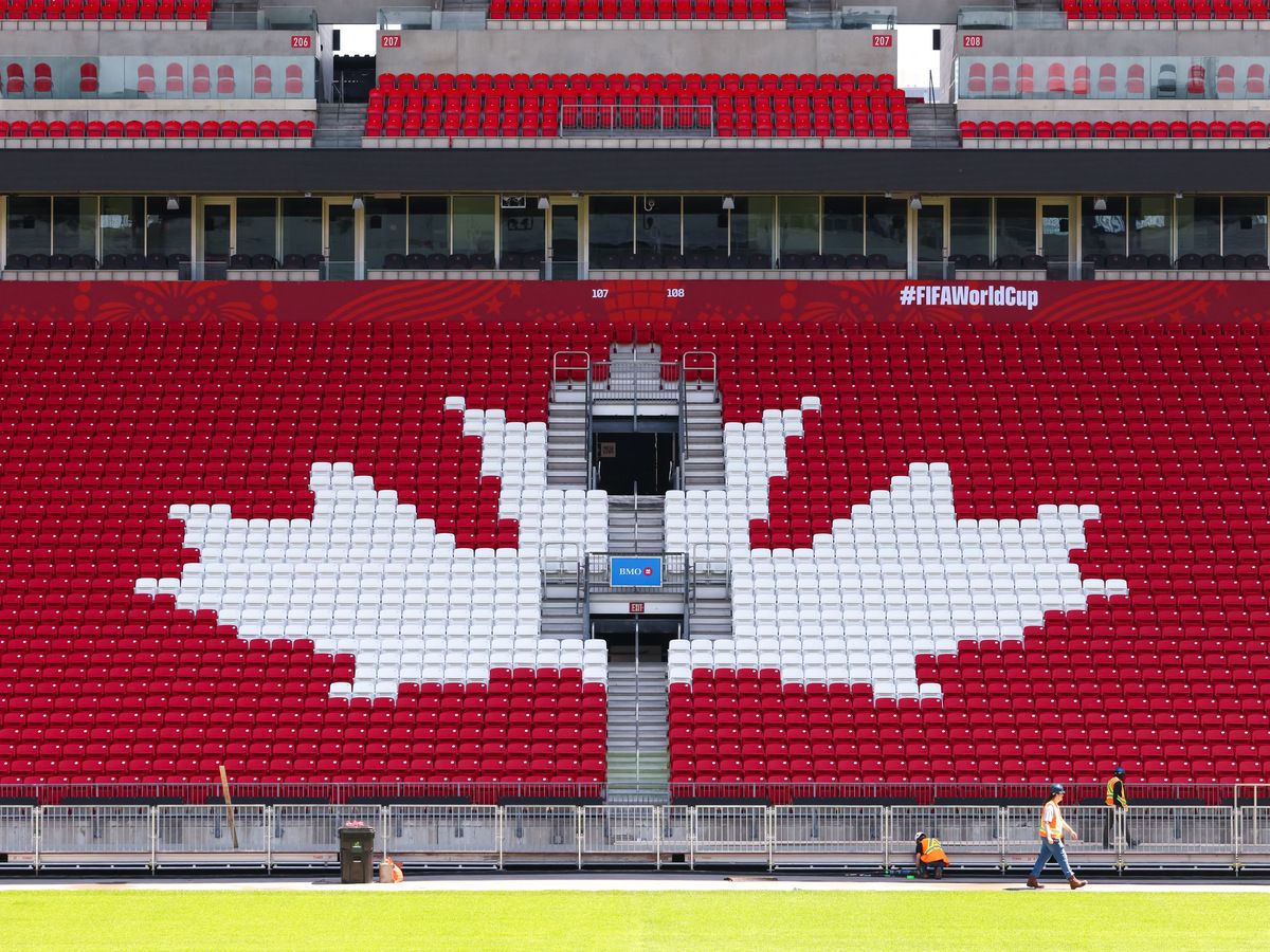 Workers prepare Toronto Stadium (temporarily renamed from BMO Field for the 2026 FIFA World Cup) in Toronto, Canada, on May 19, 2026.