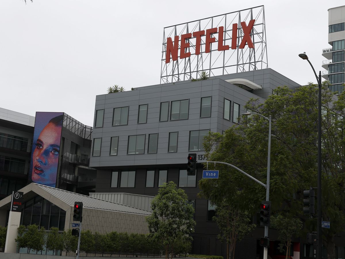The Netflix logo is displayed at a company office on May 12, 2026 in Los Angeles, Calif.