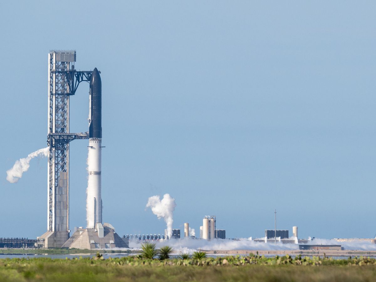 The SpaceX Starship V3 is seen docked at on a launch pad at Starbase on May 21, 2026 in Boca Chica Beach, Texas.