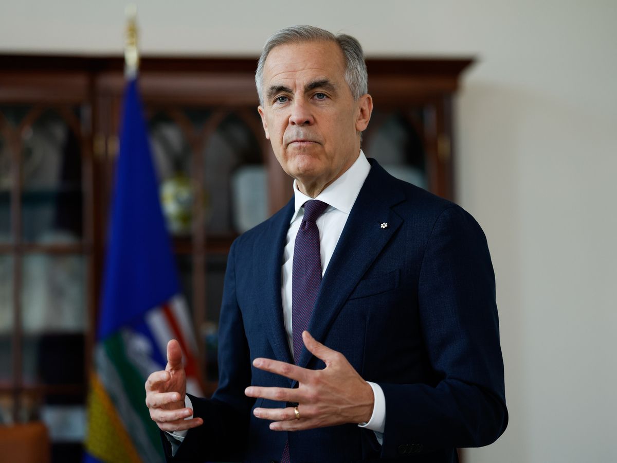 Prime Minister Mark Carney speaks during a meeting with Alberta Premier Danielle Smith in his office in Ottawa on Friday, May 8, 2026.
