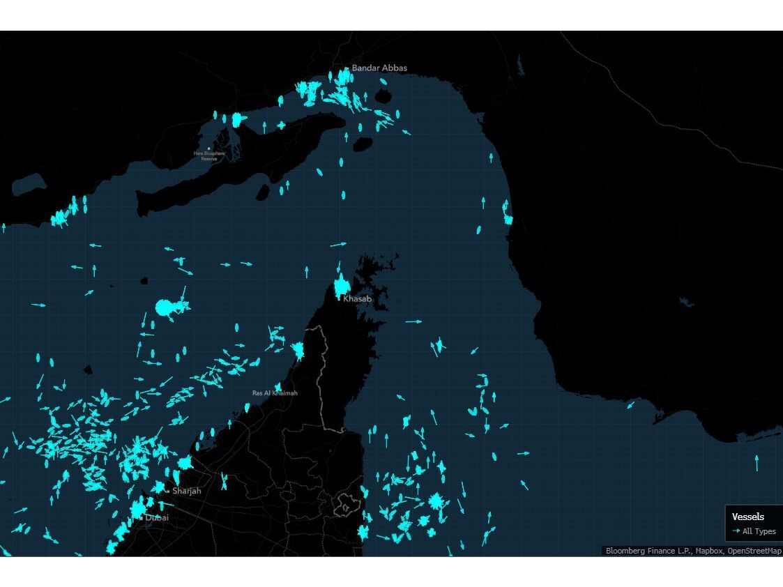 The Strait of Hormuz was near empty on Tuesday as ships clustered around Dubai.