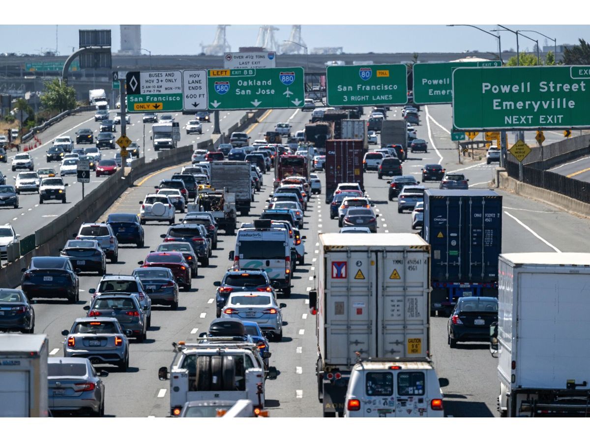 Traffic on westbound interstate 80 in Emeryville, California, US, on May 22, 2025.