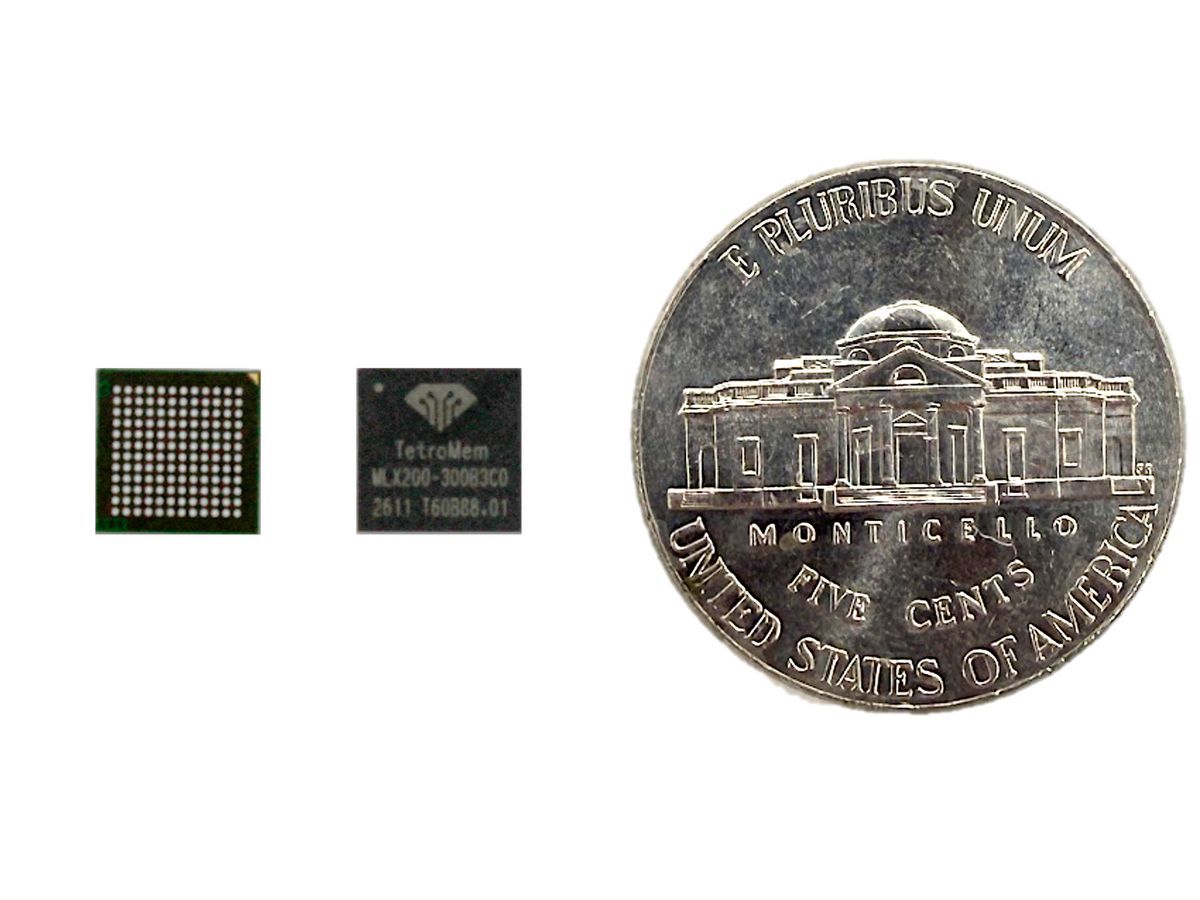 Photograph of the MLX200 chip with a five-cent coin for size reference