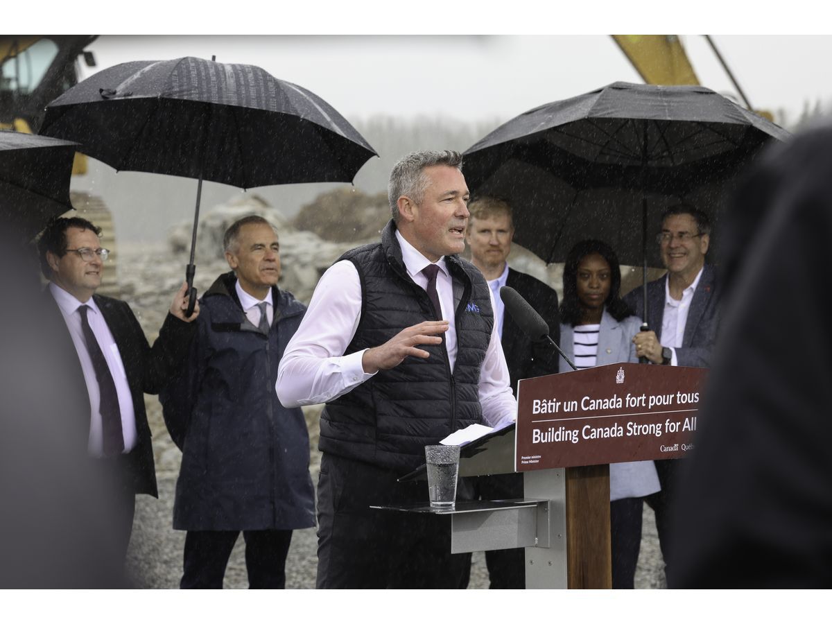 Eric Desaulniers, President and CEO of Nouveau Monde Graphite, addresses the audience during the groundbreaking ceremony officially marking the launch of construction of Phase-2 Matawinie mine.