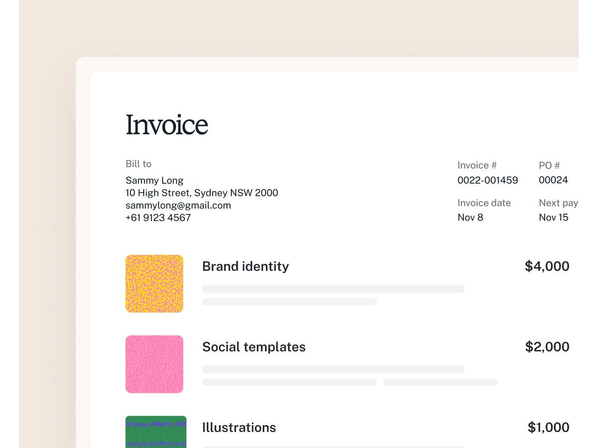 HoneyBook's invoicing interface, showing a client project breakdown for an independent business based in Sydney, Australia.