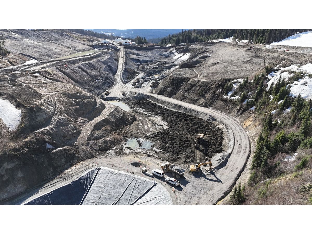 Waste rock storage facility (WRSF) aerial overview of ongoing works.
