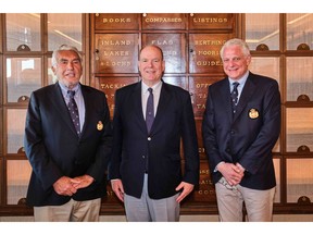 HSH Prince Albert II, President of the Yacht Club de Monaco, together with Bernard d'Alessandri, Secretary General of the YCM, and Christophe Degoumois, YCM member.