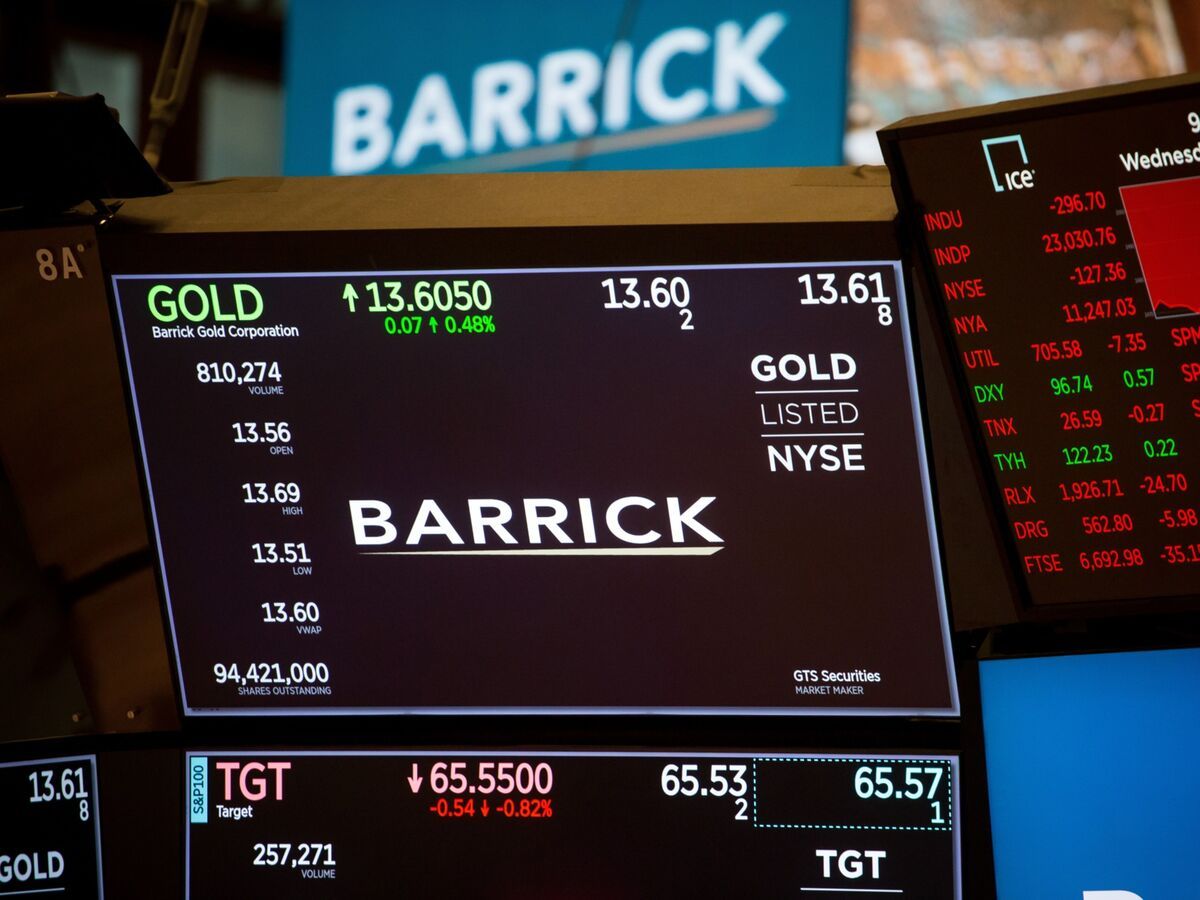 Monitors display Barrick Mining Corp. signage on the floor of the New York Stock Exchange in New York, U.S.