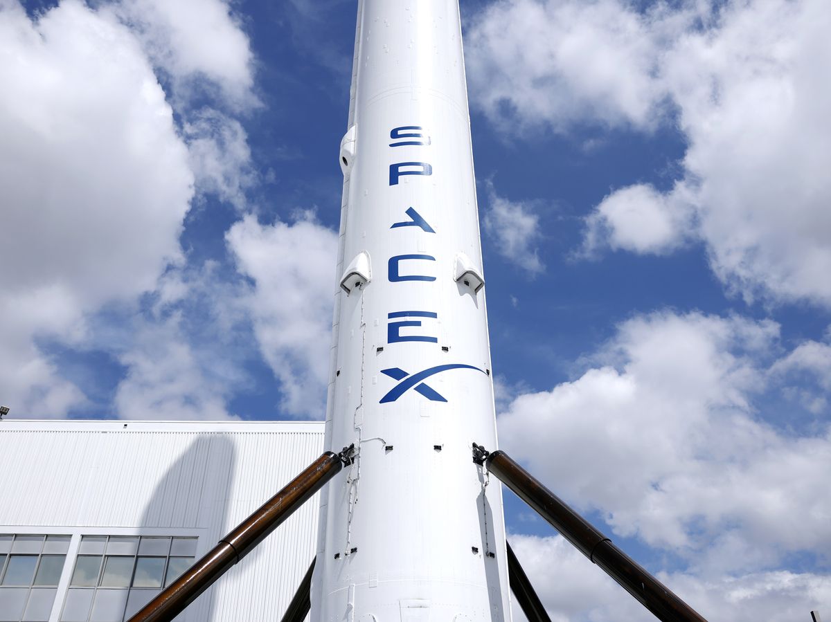 A SpaceX Falcon 9 rocket is displayed at a SpaceX facility on April 2, 2026 in Hawthorne, California.
