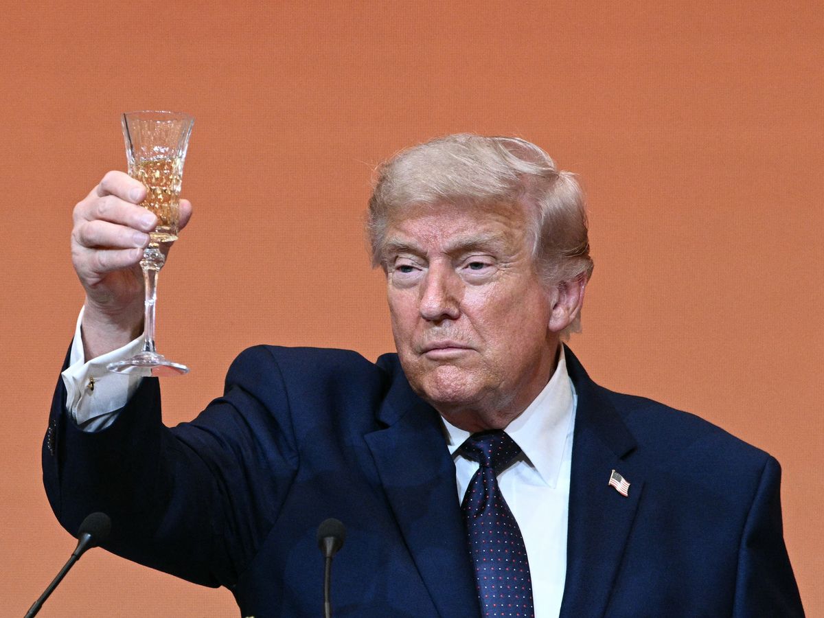 Donald Trump makes a toast as he attends a state banquet with China's President Xi Jinping at the Great Hall of the People in Beijing on May 14, 2026.